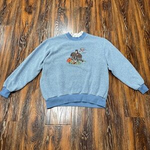 Vintage Fall Horse Pumpkin Floral Cardinal Sweater Blue Crew Neck Womens S M